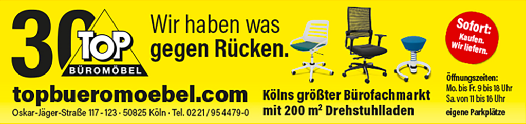 Top Büromöbel – Köln größter Bürofachmarkt mit 200 qm Drehstuhlladen
