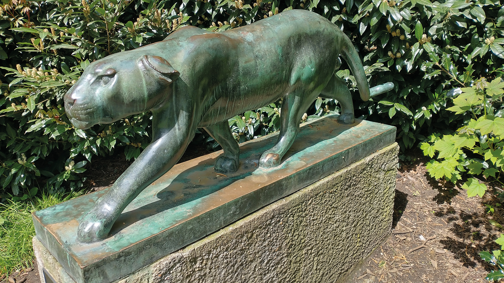 Raubkatze, Bronzeplastik eines Panthers, im Südpark