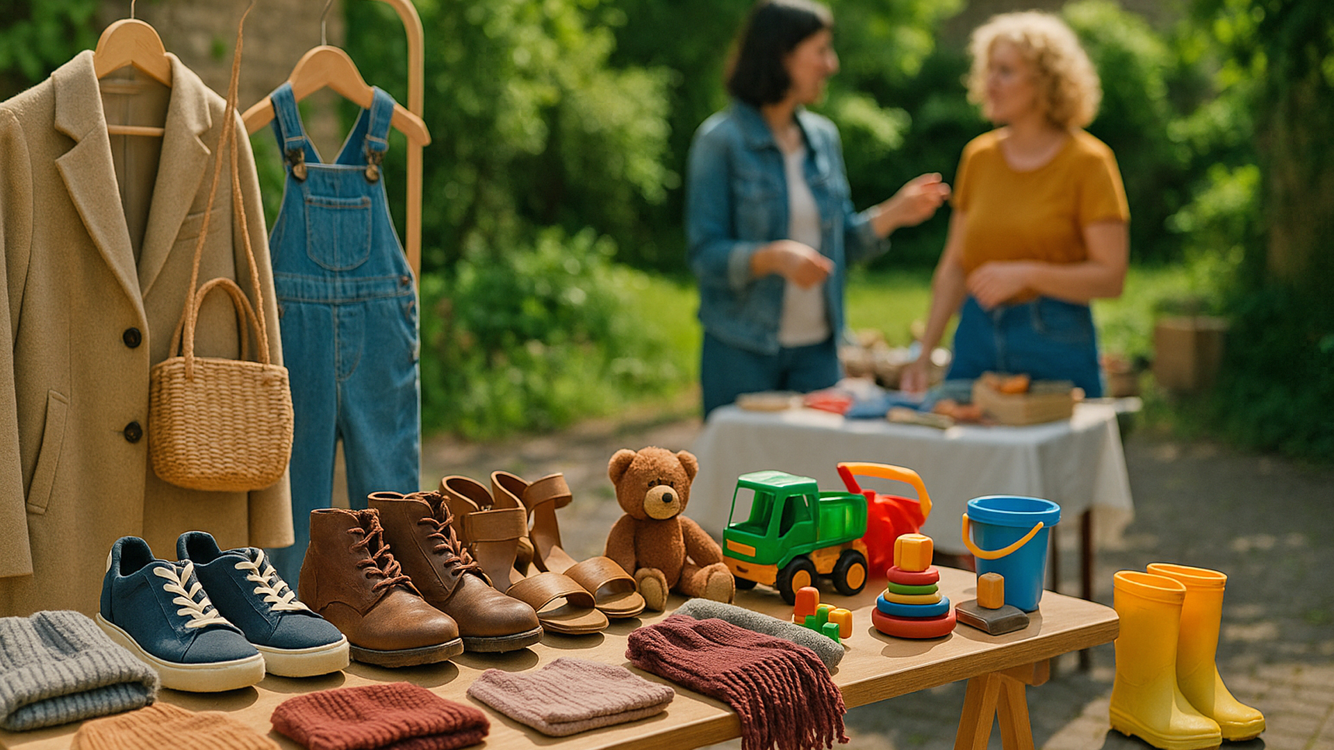 Ein Flohmarktstand im Freien zeigt auf einem Holztisch Kinderschuhe, Strickwaren, Spielzeug und einen Teddybären. Daneben hängen ein beiger Mantel, ein Strohtasche und eine Kinder-Latzhose. Im Hintergrund stehen zwei Frauen an einem weiteren Stand und unterhalten sich.